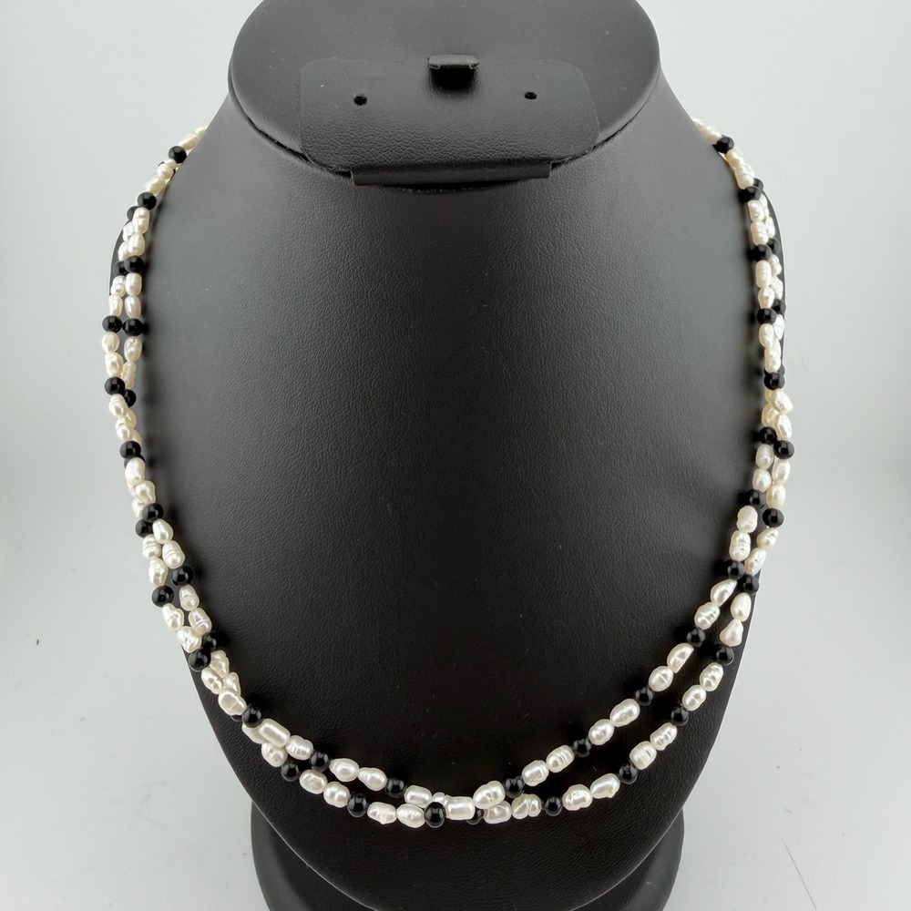 White & Black Double Strand Pearl Onyx Style Bead Necklace